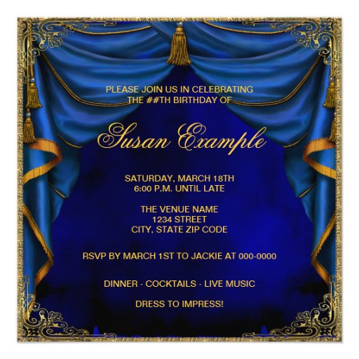 Womans Royal Blue Gold Birthday Party Custom Announcement