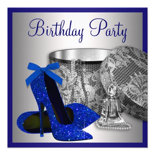 Womans Royal Blue Silver Birthday Party Invitation (front side)