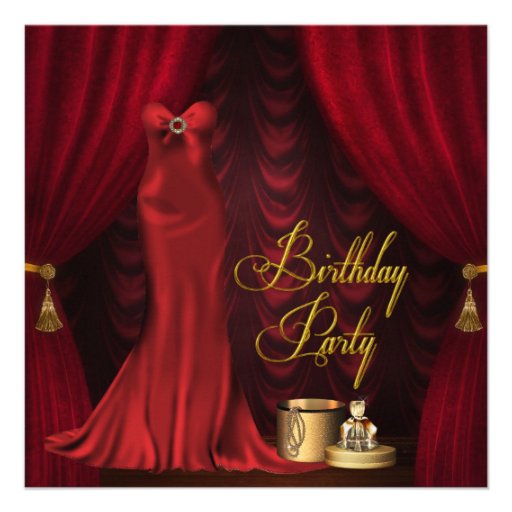 Womans Ruby Red Gold Birthday Party Custom Announcements