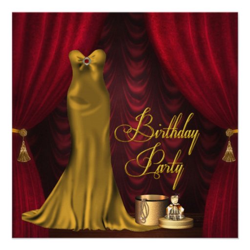 Womans Ruby Red Gold Birthday Party Custom Announcements (front side)