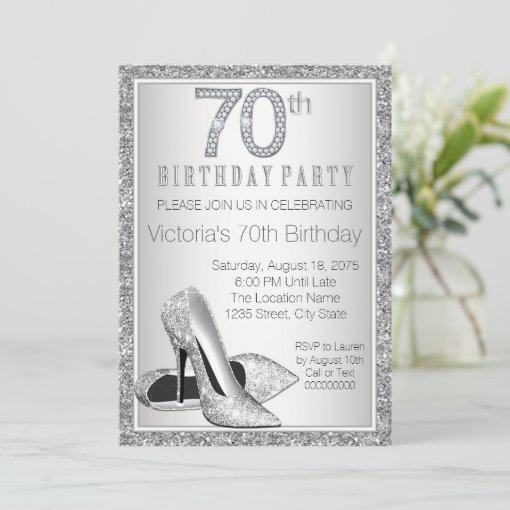 Womans Silver Glitter High Heel Shoe Th Birthday Invitation Zazzle