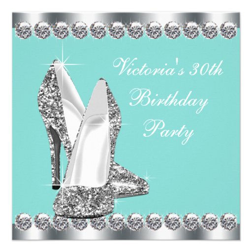 Womans Teal Blue 30th Birthday Party Invitations (front side)
