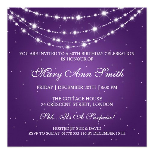 Women 50th Birthday Party Sparkling Chain Purple Custom Invites (front side)