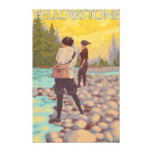 Women Fly Fishing - Yellowstone National Park Stretched Canvas Print