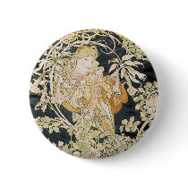 Women with Daisies Art Nouveau Pinback Button
