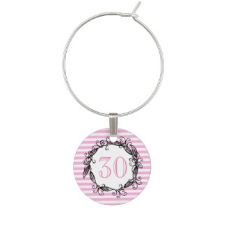 Women's 30th Birthday Pink White Black Swirly Wine Glass Charms