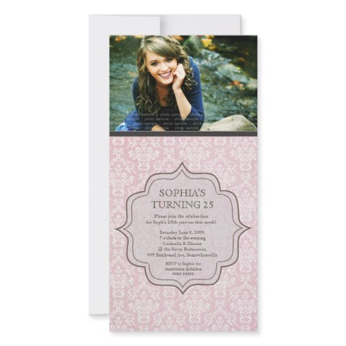 Women's Birthday White & Pink Damask Invite photocard