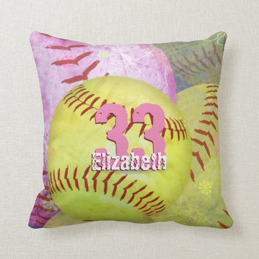 Women s Softball bright yellow and pink Throw Pillow Zazzle