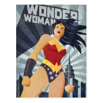 wonder woman, super hero, retro, sunburst, city, vintage, fists, pose, muscles, power, propaganda, Postcard with custom graphic design
