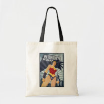 wonder woman, super hero, retro, sunburst, city, vintage, fists, pose, muscles, power, propaganda, Bag with custom graphic design