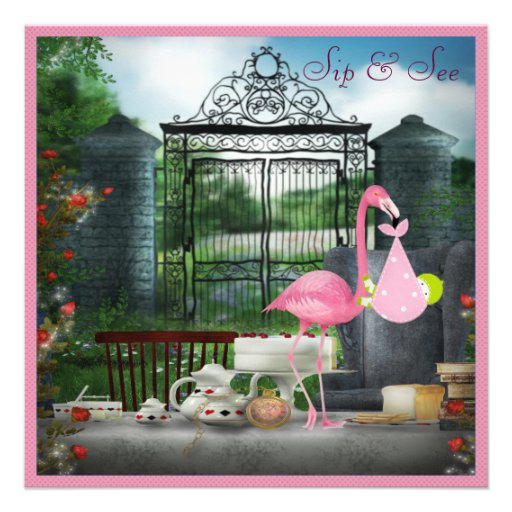 Wonderland Flamingo Sip & See Girl Baby Shower Announcements
