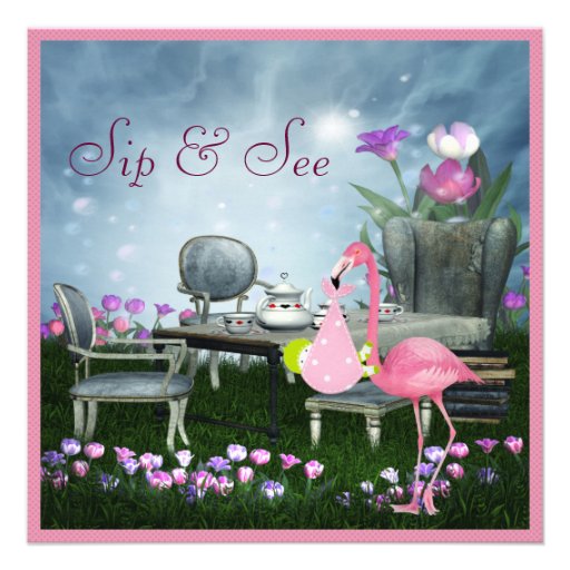 Wonderland Flamingo Sip & See Girl Baby Shower Invite