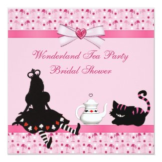 Wonderland Tea Party Pink Flamingos Bridal Shower 5.25x5.25 Square Paper Invitation Card