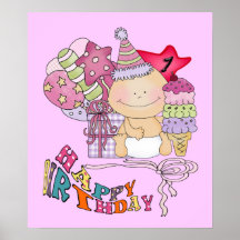 Wonky Happy Birthday Girl 1 Year Old Posters