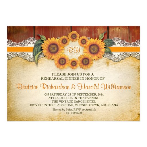 wood and sunflowers rehearsal dinner invitations