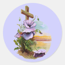 Wood Cross With Purple Flowers Round Sticker