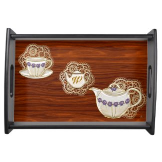 Wood, Lace, China Tea Set with Violets_Monogrammed Service Trays