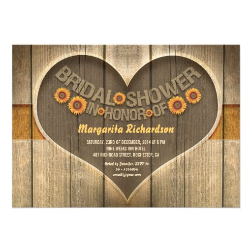 wood sunflowers country style bridal shower invite