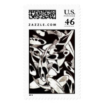 Woodblock print of KOI Black & White postage