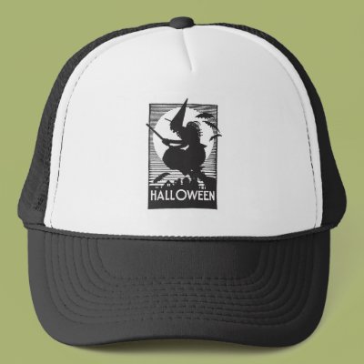 Woodcut Halloween Witch Trucker Hats Zazzle_hat