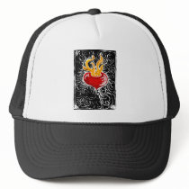 Woodcut Valentine - Flaming Heart hats by spacedust Woodcut Valentine - Flaming Heart hats