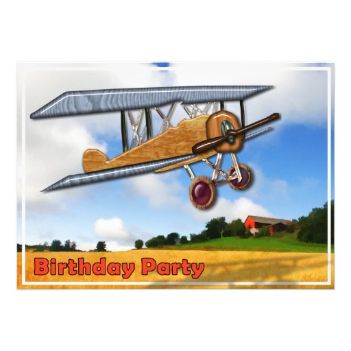 Wooden Biplane Over Fields Birthday Invitation