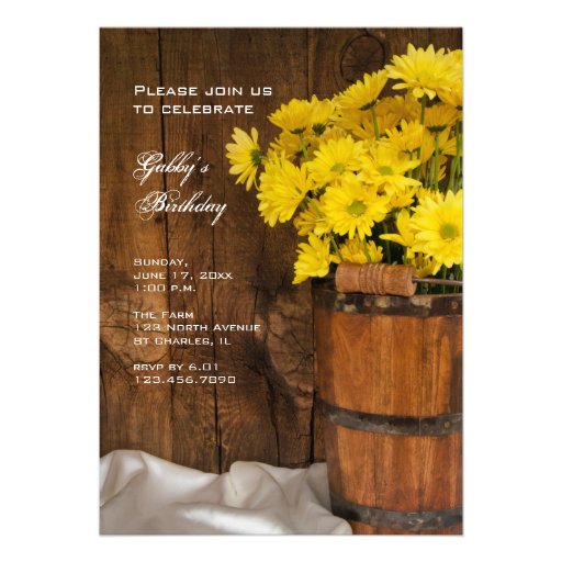 Wooden Bucket and Daisies Country Birthday Party Invitations