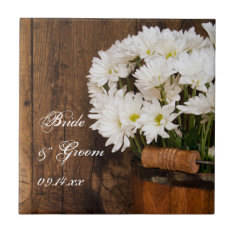 Wooden Bucket and White Daisies Country Wedding Ceramic Tiles