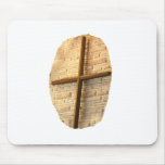 Wooden thin cross on white brick church wall mouse pads