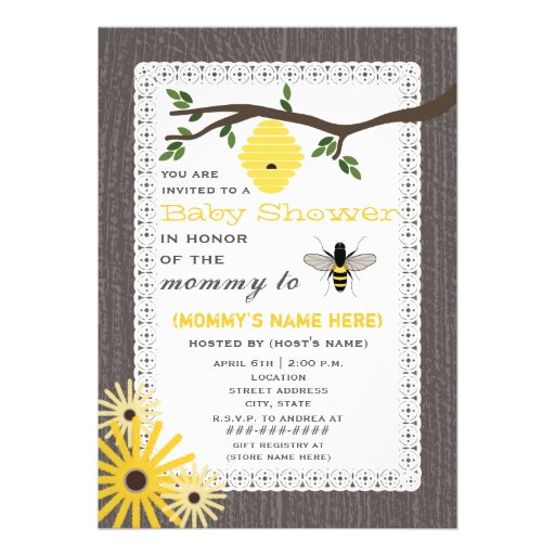 Woodgrain Inspired Honey Bee Themed Baby Shower Invites