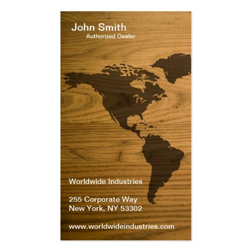 Woodgrain Textured World Map Business Card Template (front side)