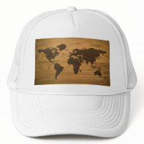 Woodgrain Textured World Map Trucker Hats
