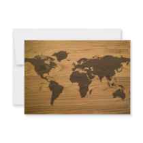 Woodgrain Textured World Map Custom Invitation
