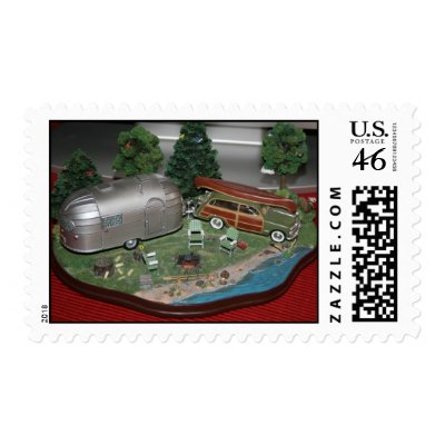 woodie and a vintage trailer postage stamps by gumby4la