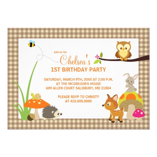 Woodland Animals First Birthday Invitations