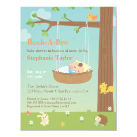 Woodland Animals Rock A Bye Baby Shower 4.25x5.5 Paper Invitation Card