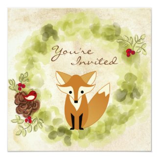 Woodland Fox, Bird and Winter Wreath 1st Birthday Invitation