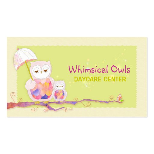 Woodland Owls Whimsical Daycare Business Cards (front side)