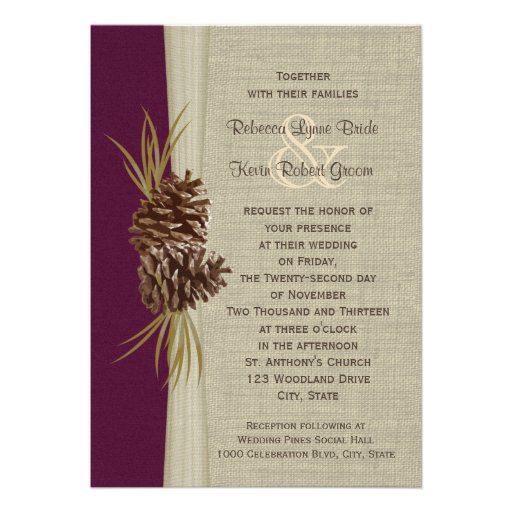 Woodland Pines Deep Plum Wedding Personalized Invitations