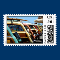Woody cars, lined up postage