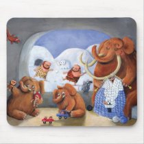 artsprojekt, mammoth, baby mammoth, baby mammoths, prehistoric animal, cave man, ice age, snow fight, snow, winter, cave men, woolly mammoth, children illustration, for kids, Mouse pad with custom graphic design