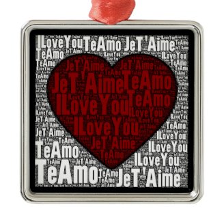 Word Art: "I Love You" 3 languages - Red Heart Christmas Tree Ornament