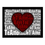 Word Art: "I Love You" 3 languages - Red Heart Postcards