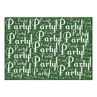 Word Art: Party! Green and White Custom Invites