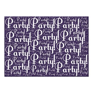 Word Art: Party! Purple and White Custom Announcements