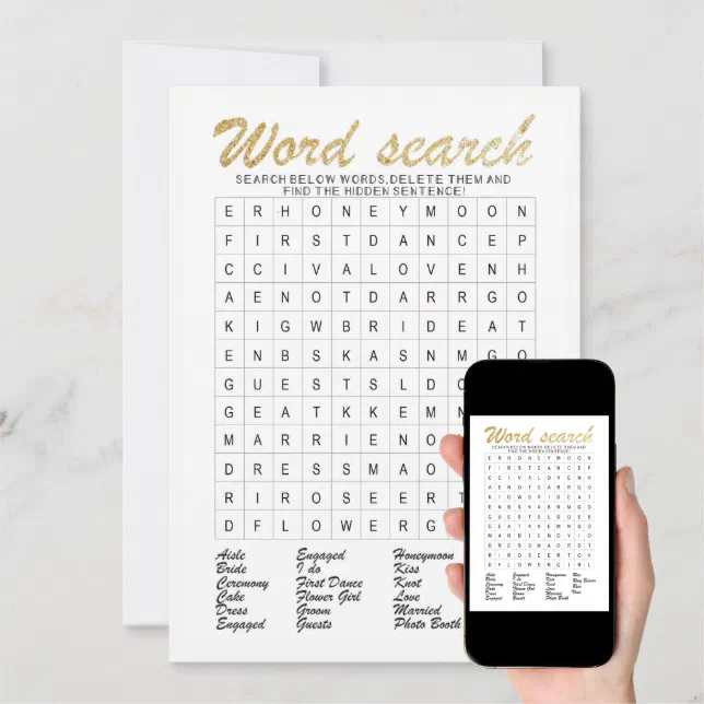 Word Search Gold Glittering Bridal Shower Game Invitation Zazzle