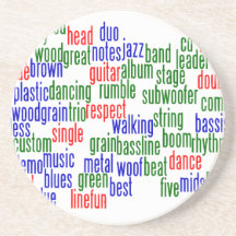 Words related to playing bass, red blue green coasters