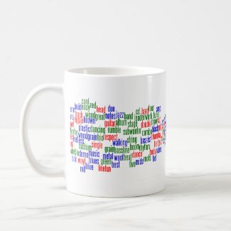 Words related to playing bass, red blue green mug