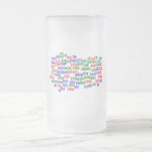 Words related to playing bass, red blue green coffee mug