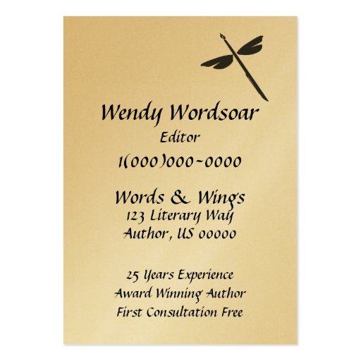 Words & Wings Abstract Dragonfly and Pen Business  Business Cards (back side)